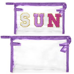 Clear Sun Makeup Bag - 2pcs Preppy Purple Sun Chenille Varsity Letter Cosmetic💜